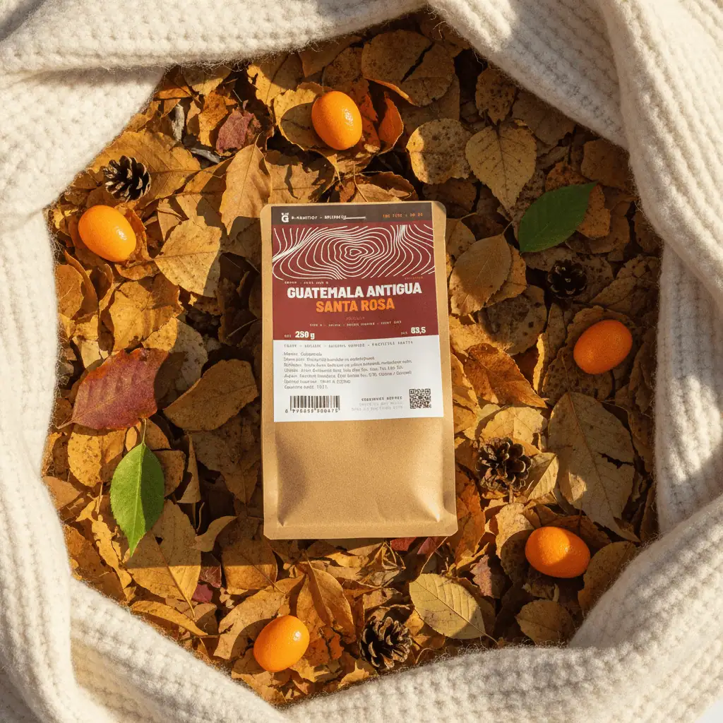 Guatemala Antigua Santa Rosa kahve çekirdeği ve doğal malzemelerle çevrili.