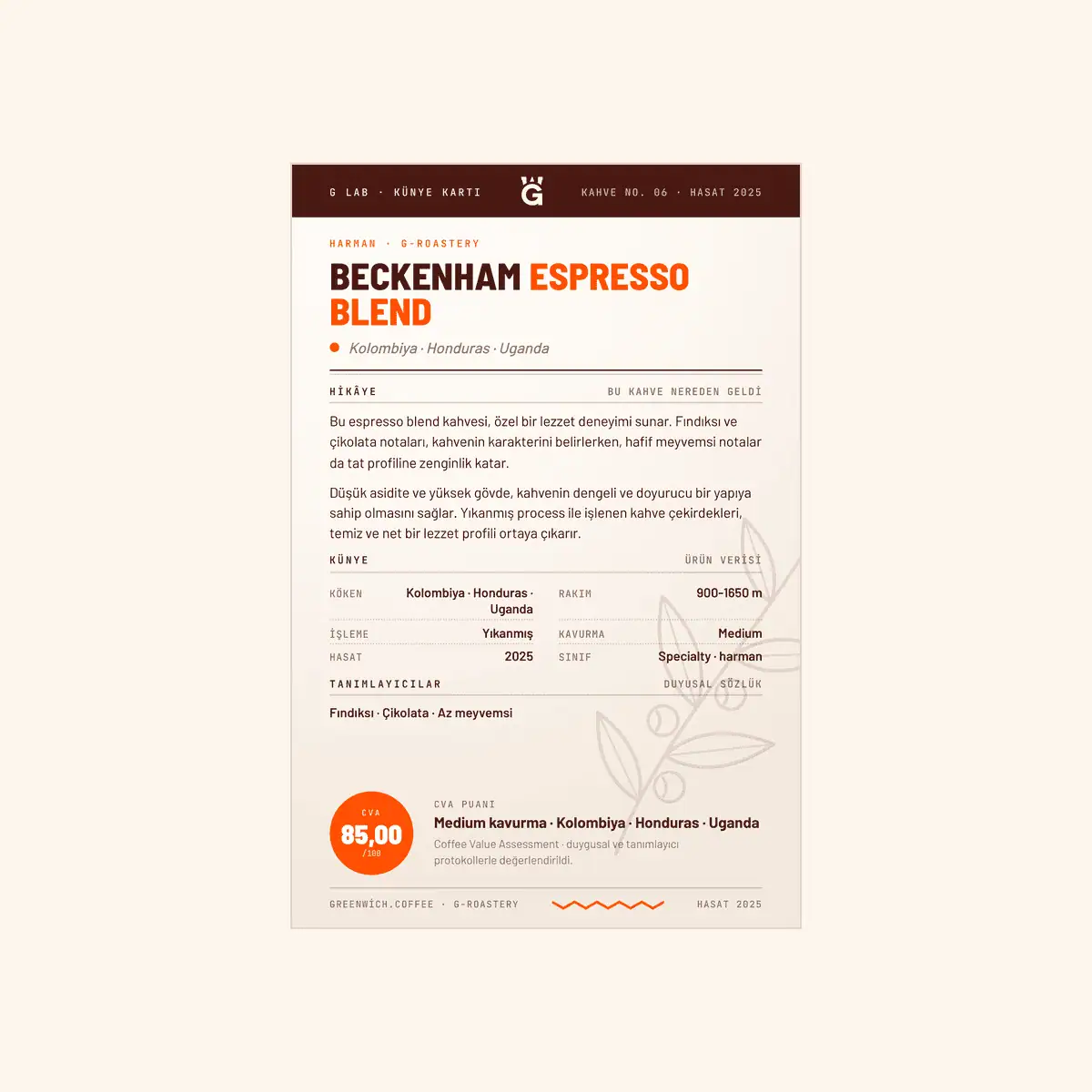 Greenwich Coffee Beckenham Espresso Blend paket etiketi, kahve detaylarıyla.