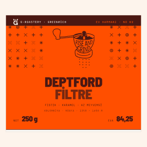 Greenwich Coffee filtre kahve paketi, portakal rengi tasarım ve detaylar.